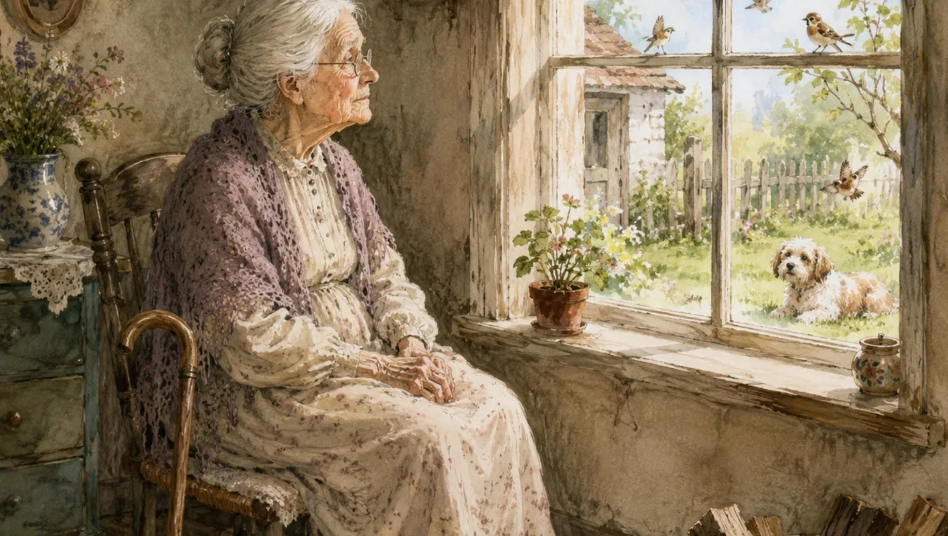 Viejita sentada junto a una ventana antigua de campo